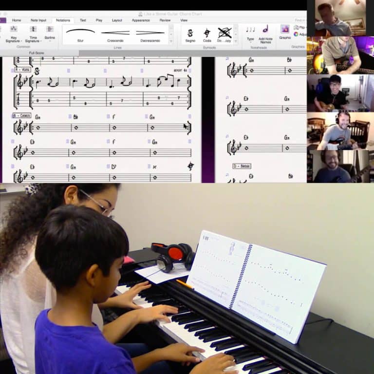 Piano lesson for a young student, with a virtual band session above