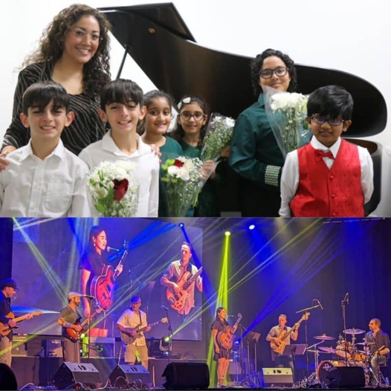 Above: Piano students celebrate with teachers - Below: Adult students band performing live